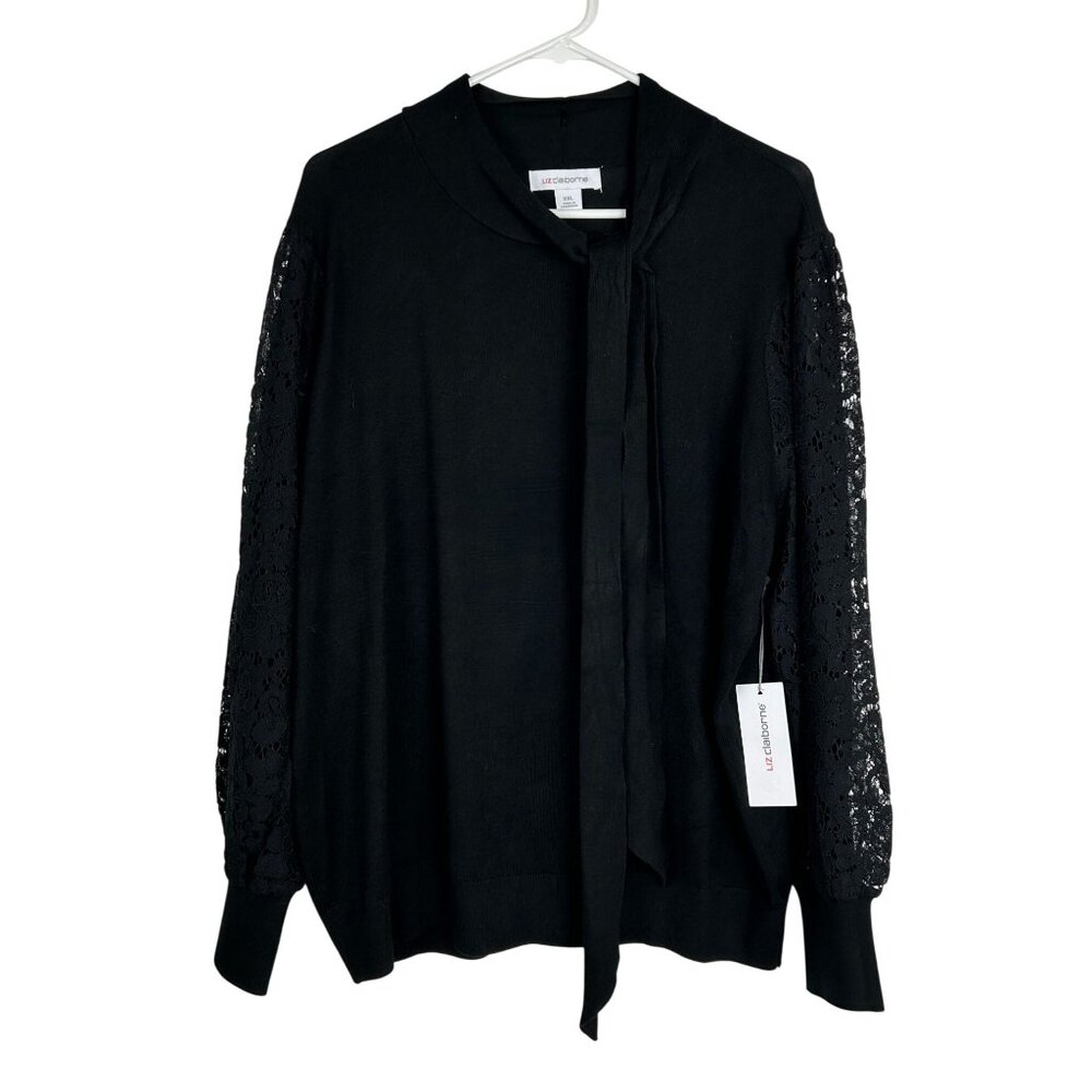 Liz Claiborne Womens Black Knit Sweater With Lace Sleeves & Tie Neck XXL-NWT
